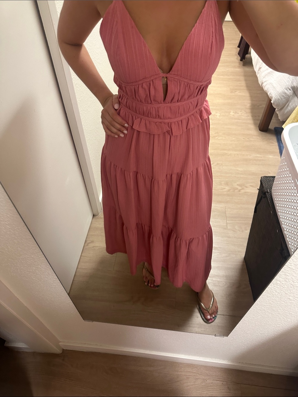 Women’s Pink Tiered Maxi Dress with Deep V Neck